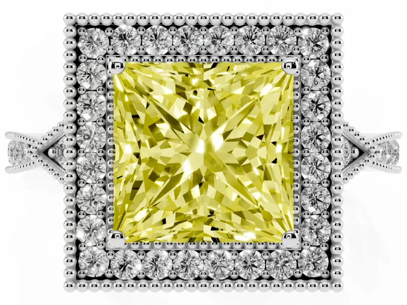 Fancy Yellow Princess Cut Diamond Halo Engagement Ring Set in Silver with Milgrain Pavé Band