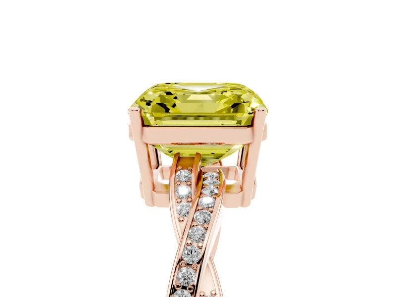 Fancy Yellow Asscher Cut Diamond Solitaire Twisted Pavé Ring Set in Rose gold with Prong Setting