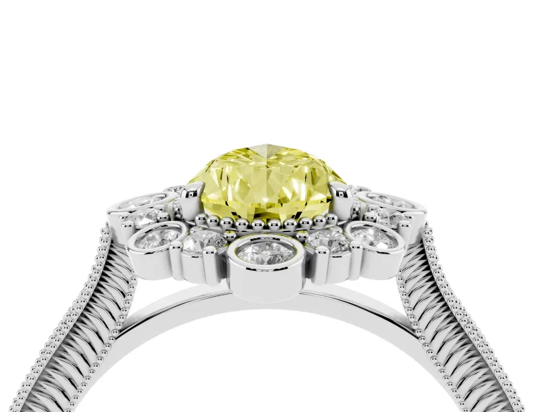 Fancy Yellow Pear Cut Diamond Halo Milgrain Pavé Ring Set in Silver with Prong Setting
