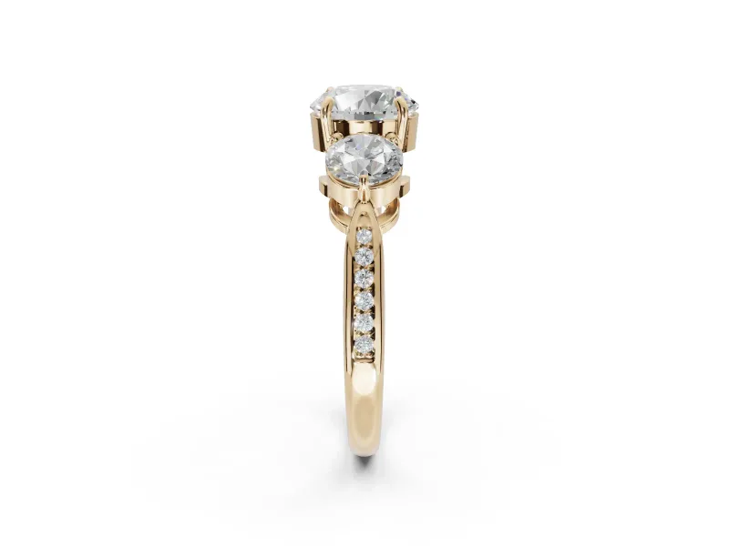 Round Three Stone Engagement Ring Setting | Tapered Pave Band | Yellow Gold
