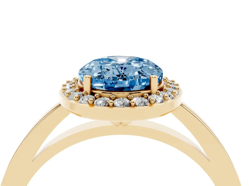 Fancy Blue Oval Cut Diamond Halo Ring Set in Yellow gold with Solitaire Band and Prong Setting