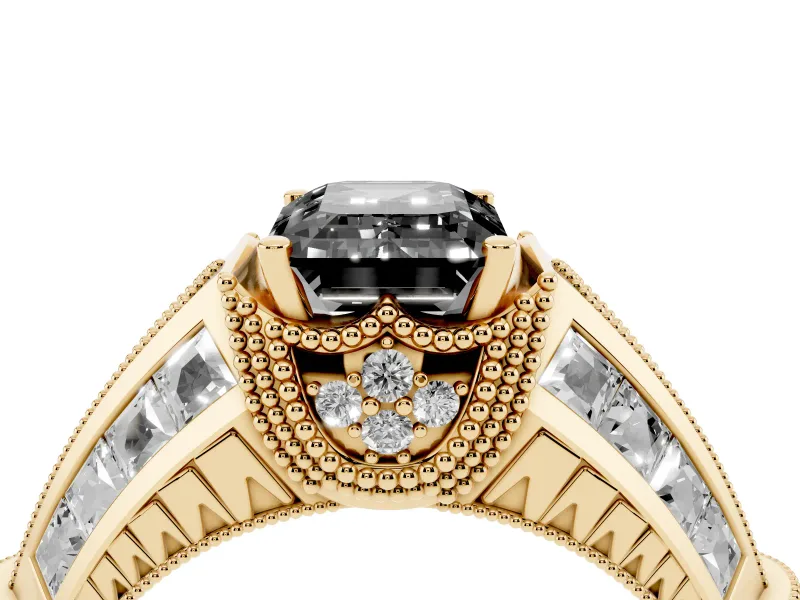 Emerald Cut Vintage Milgrain Engagement Ring Setting for a Black Center | Hidden Halo | Yellow Gold