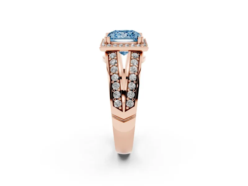 Princess Cut Halo Engagement Ring Setting for a Fancy Blue Lab-Grown Diamond | Two-Row Pave Split Shank | Rose Gold