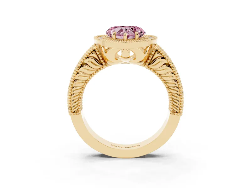 Heart-Shaped Milgrain Halo Engagement Ring Setting for a Fancy Pink Lab-Grown Diamond | Carved Leaf Detail | Yellow Gold