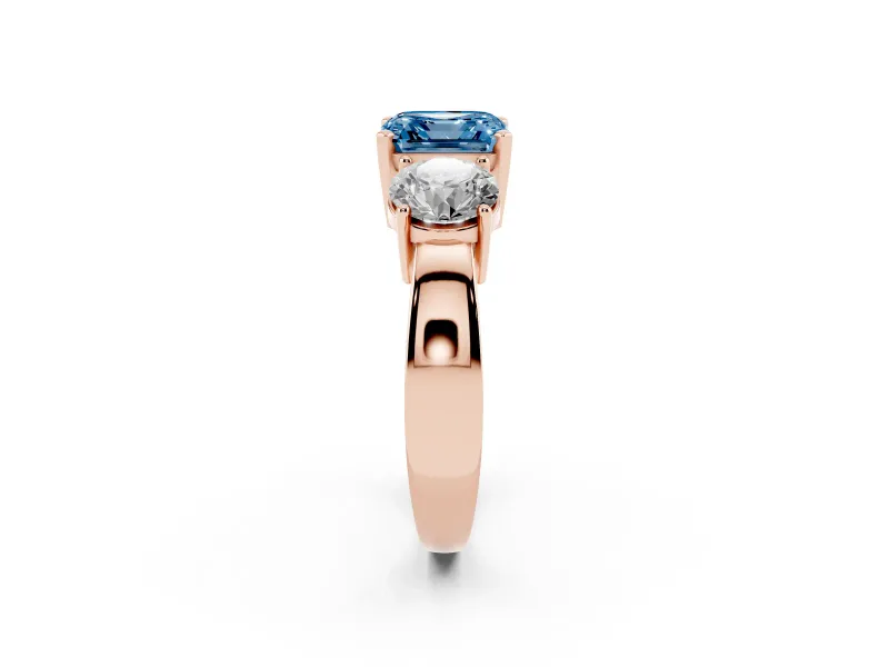 Asscher Cut Three Stone Engagement Ring Setting for a Fancy Blue Lab-Grown Diamond | Wide Plain Band | Rose Gold