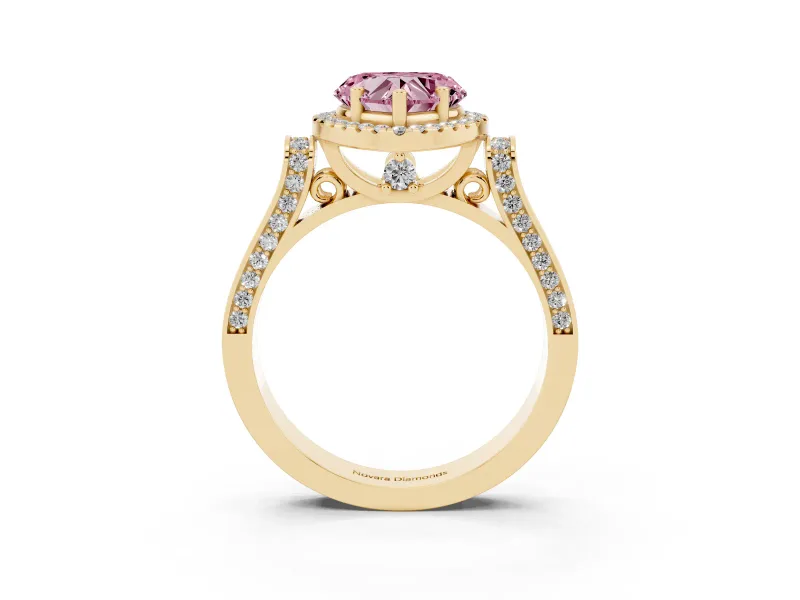 Heart-Shaped Halo Engagement Ring Setting for a Fancy Pink Lab-Grown Diamond | Pointed Pave Shoulders | Yellow Gold