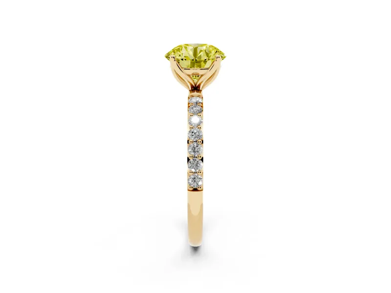 Round Pave Engagement Ring Setting for a Fancy Yellow Lab-Grown Diamond | Slim Band | Yellow Gold