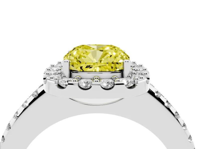Cushion Cut Pave Halo Engagement Ring Setting for a Fancy Yellow Lab-Grown Diamond | Pave Band | White Gold