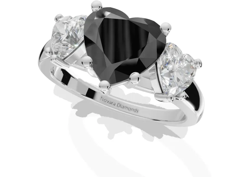 Heart-Shaped Three Stone Engagement Ring Setting for a Black Center | Tapered Band | White Gold