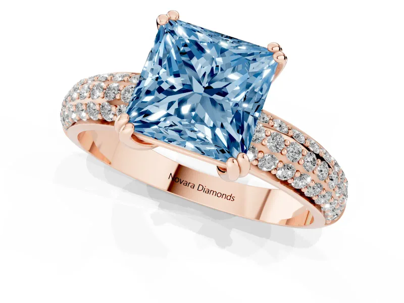 Princess Cut Three Row Pave Engagement Ring Setting for a Fancy Blue Lab-Grown Diamond | Rose Gold