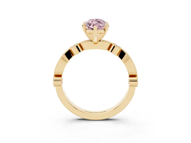 Fancy Pink Marquise Cut Diamond Solitaire Engagement Ring Set in Yellow gold with Milgrain Bezel Accent Band