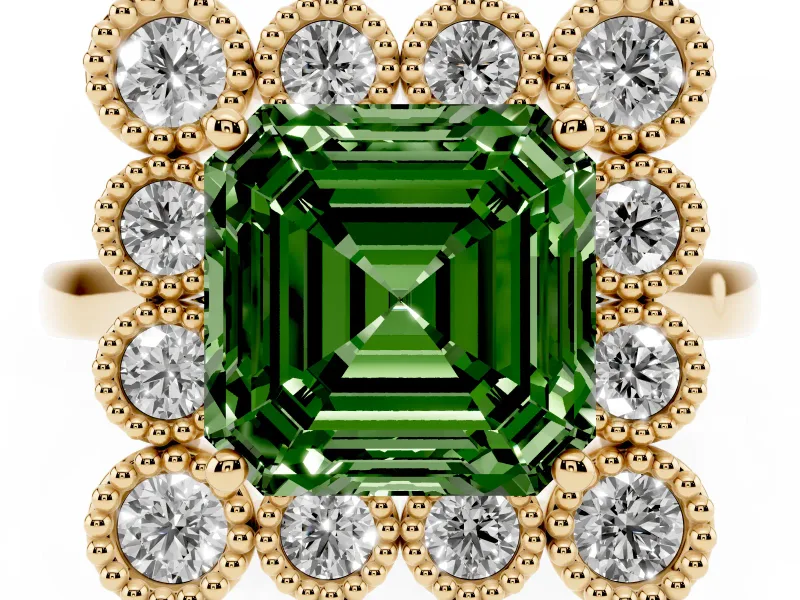 Asscher Cut Milgrain Cluster Halo Engagement Ring Setting for a Fancy Green Lab-Grown Diamond | Plain Band | Yellow Gold