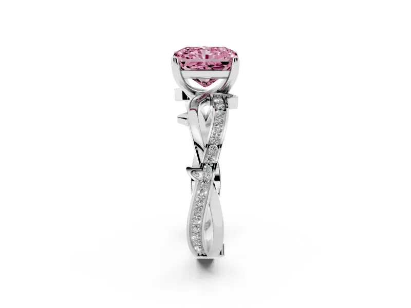 Radiant Cut Twisted Pavé Engagement Ring Setting for a Fancy Pink Lab-Grown Diamond | Pavé and Plain Strands | Platinum