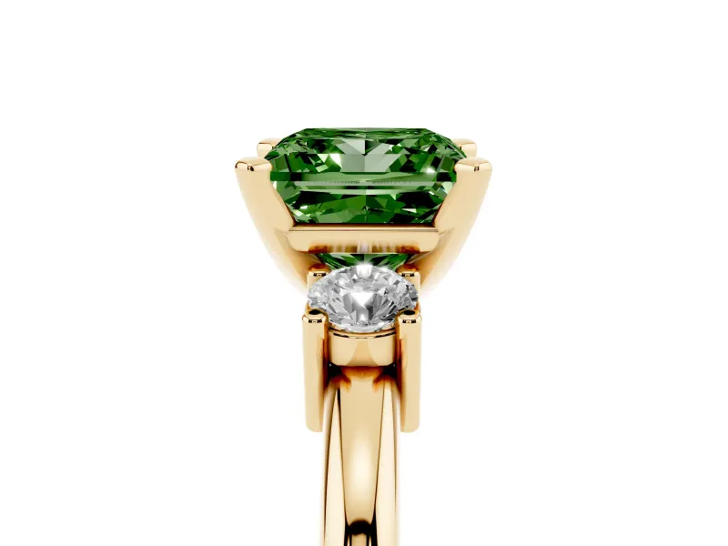Fancy Green Three-Stone Princess Cut Diamond Ring Set in Yellow gold with Prong Setting and Plain Band