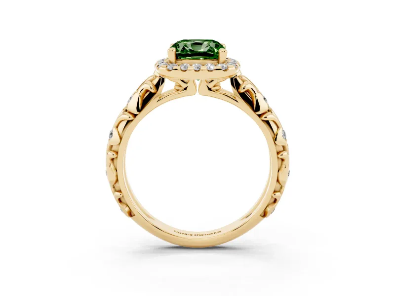 Cushion Cut Leaf Halo Engagement Ring Setting for a Fancy Green Lab-Grown Diamond | Bezel Accents | Yellow Gold