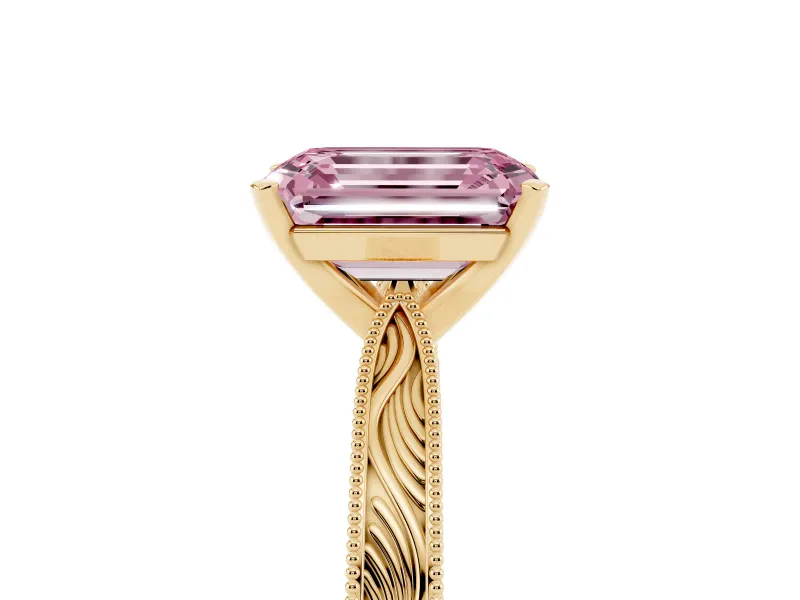 Fancy Pink Emerald Cut Diamond Solitaire Milgrain Engraved Band Set in Yellow gold with Prong Setting