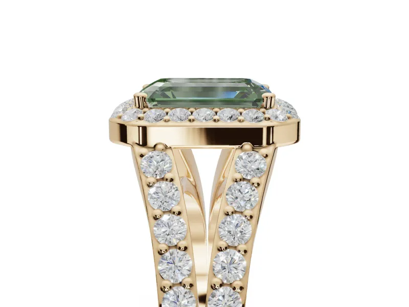 Emerald Cut Halo Pavé Engagement Ring Setting for a Fancy Green Lab-Grown Diamond | Narrow Split Shank | Yellow Gold
