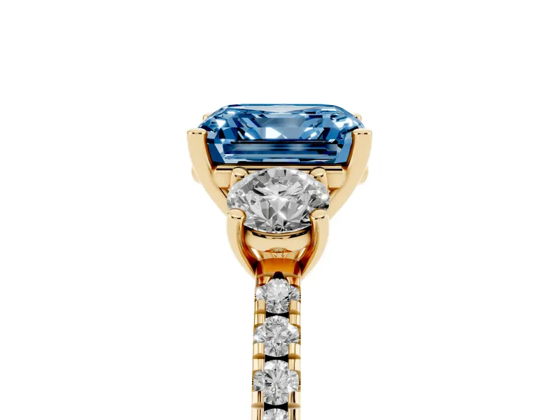 Asscher Cut Three Stone Engagement Ring Setting for a Fancy Blue Lab-Grown Diamond | Pave Shoulders | Yellow Gold