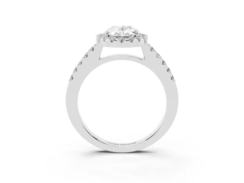 Oval Cut Diamond Halo Pavé Solitaire Ring Set in White gold with Prong-Set Center Stone