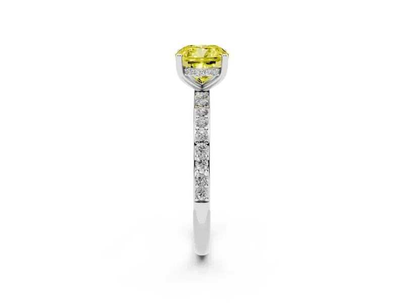 Fancy Yellow Cushion Cut Diamond Pavé Band Ring Set in White gold with Prong-Set Center Stone