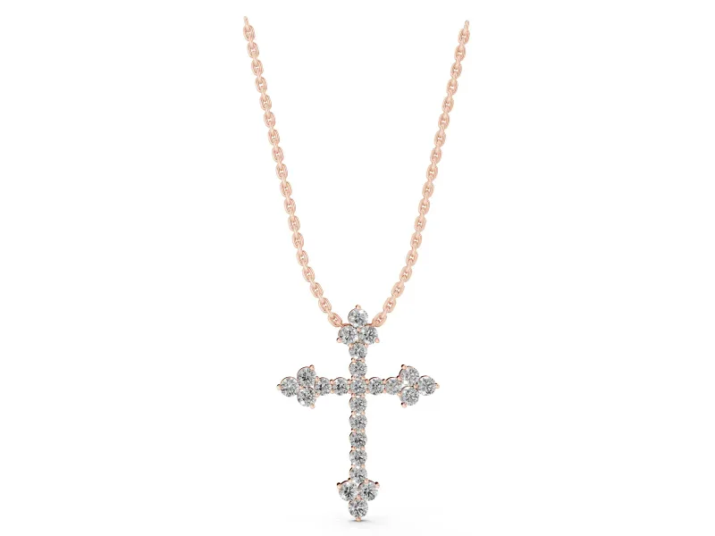 Round Lab-Grown Diamond Cross Pendant Necklace | Trefoil Tips | Rose Gold