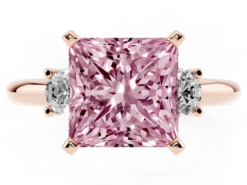 Fancy Pink Three-Stone Princess Cut Diamond Ring Set in Rose gold with Prong Setting and Plain Band