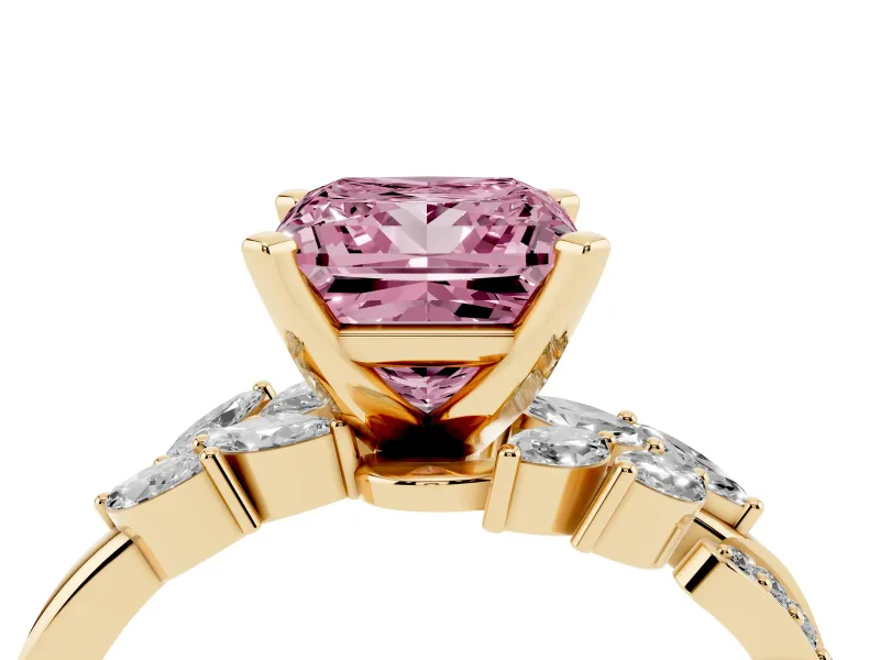 Fancy Pink Princess Cut Diamond Solitaire Ring Set in Yellow gold with Marquise Twist Band and Prong Setting