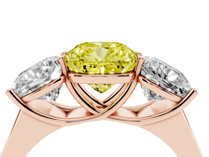 Cushion Cut Three Stone Engagement Ring Setting for a Fancy Yellow Lab-Grown Diamond | Basket Prong Heads | Rose Gold
