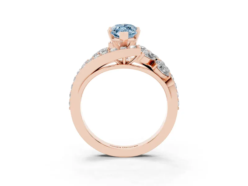 Fancy Blue Marquise Cut Diamond Halo Ring Set in Rose gold with Marquise and Pavé Band in Prong Setting