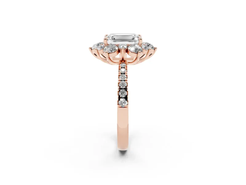 Emerald Cut Diamond Floral Halo Ring Set in Rose gold with Round Pavé Band and Prong Setting