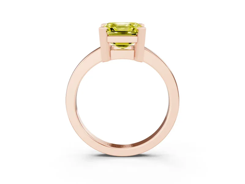 Fancy Yellow Asscher Cut Diamond Solitaire Ring Set in Rose gold with Prong Head and Smooth Polished Band