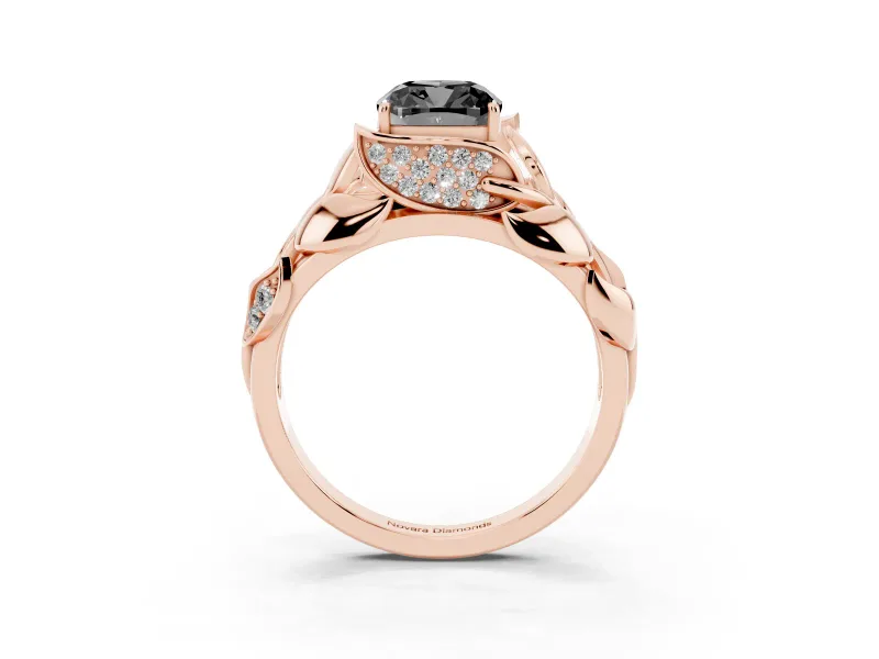 Fancy Black Cushion Cut Diamond Leaf-Inspired Engagement Ring Set in Rose gold with Round Accents