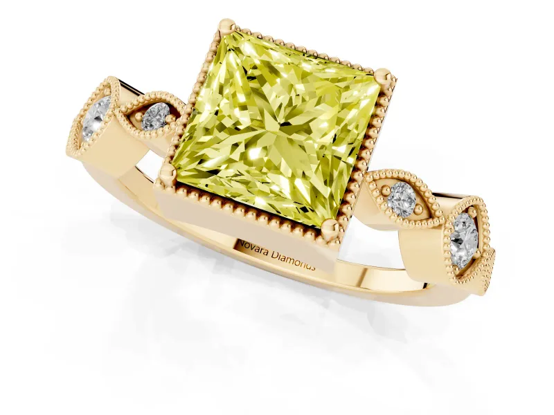 Princess Cut Vintage Milgrain Engagement Ring Setting for a Fancy Yellow Lab-Grown Diamond | Yellow Gold