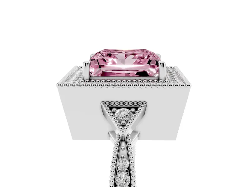 Fancy Pink Princess Cut Diamond Halo Engagement Ring Set in White gold with Milgrain Pavé Band