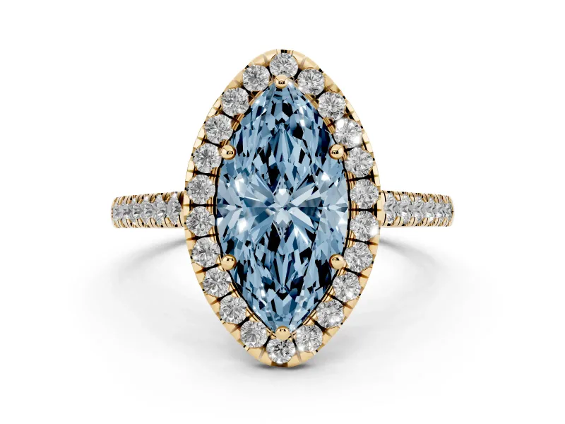 Fancy Blue Marquise Cut Diamond Halo Pavé Engagement Ring Set in Yellow gold with Prong Setting