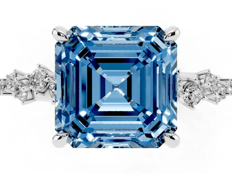 Fancy Blue Asscher Cut Diamond Solitaire Vine Band Ring Set in White gold with Round Accents and Prong Setting