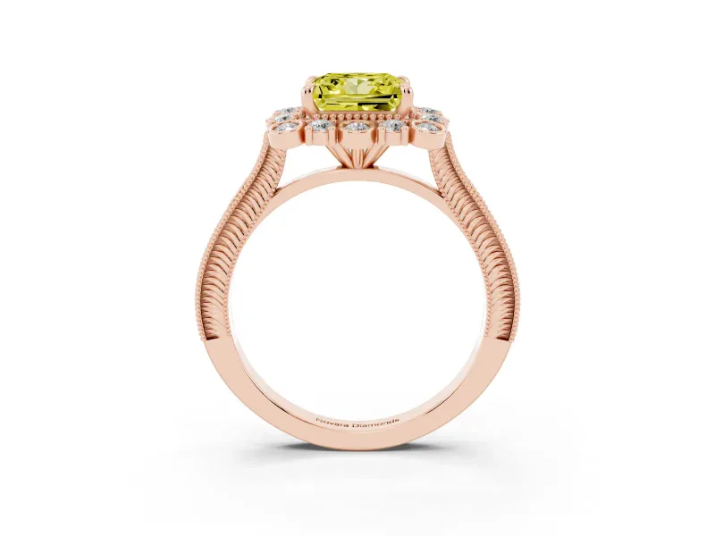 Fancy Yellow Princess Cut Diamond Halo Milgrain Pavé Ring Set in Rose gold with Prong Setting