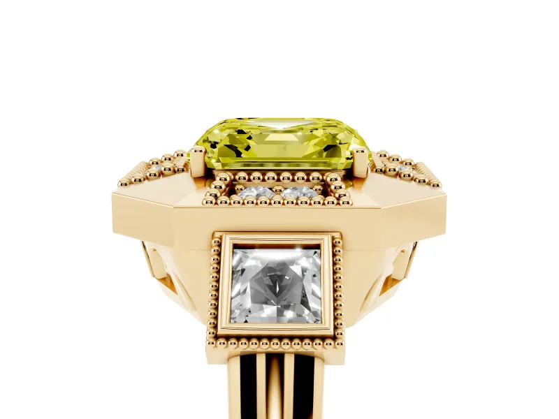 Asscher Cut Milgrain Sectioned Halo Engagement Ring Setting for a Fancy Yellow Lab-Grown Diamond | Yellow Gold