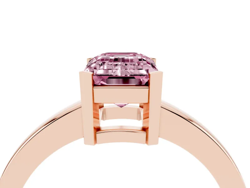 Fancy Pink Emerald Cut Diamond Solitaire Ring Set in Rose gold with Prong Head and Smooth Polished Band