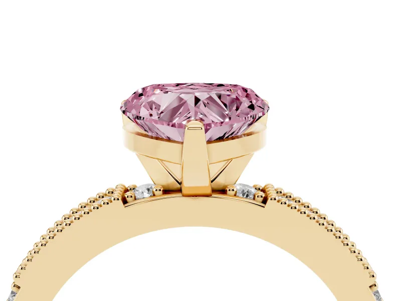Fancy Pink Heart Cut Diamond Solitaire Ring Set in Yellow gold with Slim Pavé Band and Prong Setting
