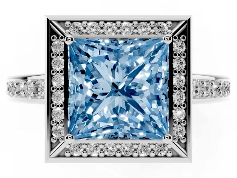 Fancy Blue Princess Cut Diamond Halo Pavé Split Shank Ring Set in Silver with Prong Setting
