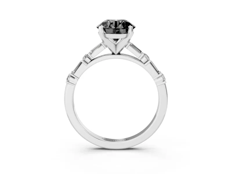 Fancy Black Round Cut Diamond Solitaire Set in White gold with Side Baguettes and Channel Set Band