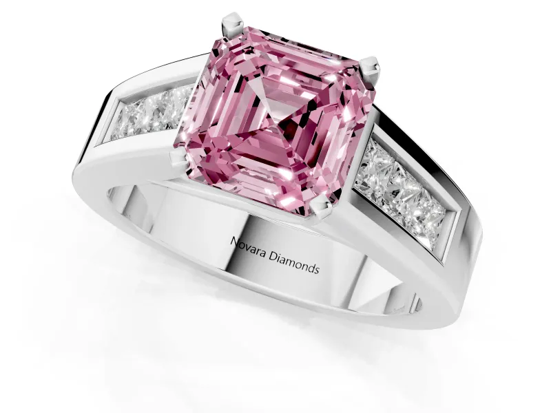 Fancy Pink Asscher Cut Diamond Solitaire Ring Set in Silver with Channel-Set Accent Stones and Prong Setting