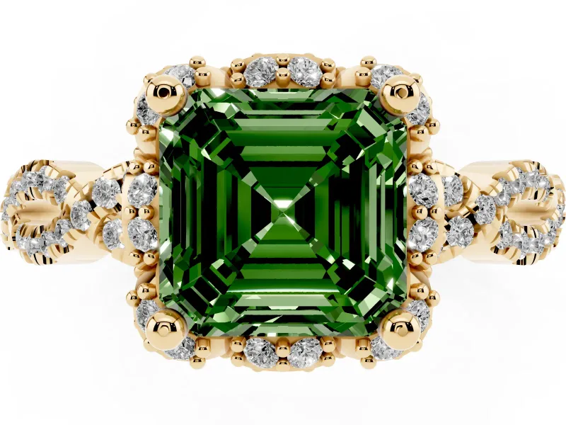 Fancy Green Asscher Cut Diamond Halo Twist Band Solitaire Ring Set in Yellow gold with Prong-Set Center Stone