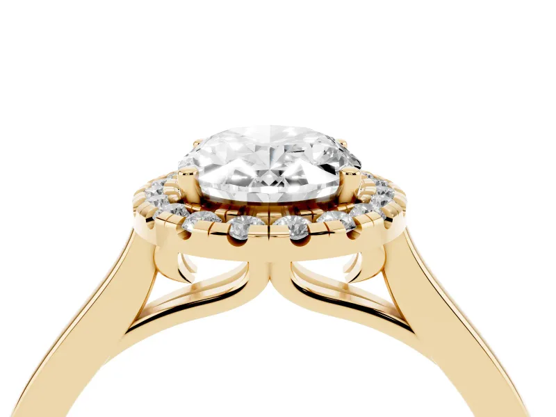 Oval Cut Halo Round Diamond Solitaire Ring Set in Yellow gold with Pavé Band and Prong Setting