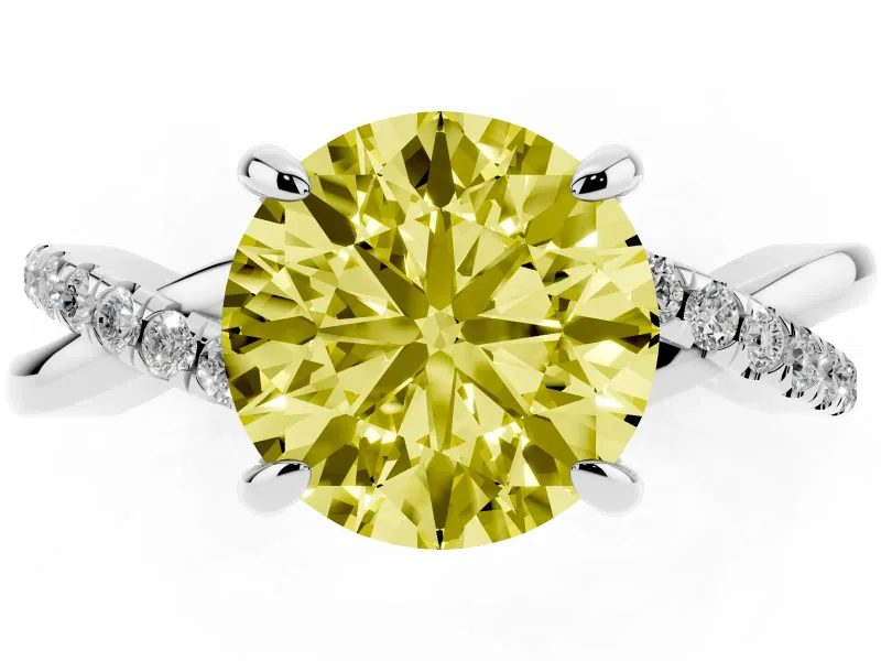 Fancy Yellow Round Cut Diamond Twist Band Solitaire Set in Silver with Pavé Accents and Prong Setting