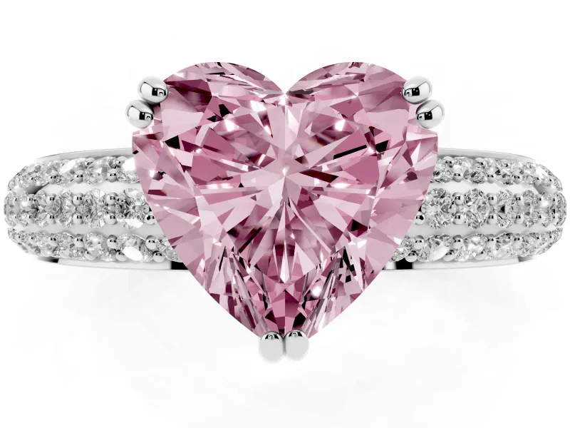 Heart-Shaped Three Row Pave Engagement Ring Setting for a Fancy Pink Lab-Grown Diamond | White Gold