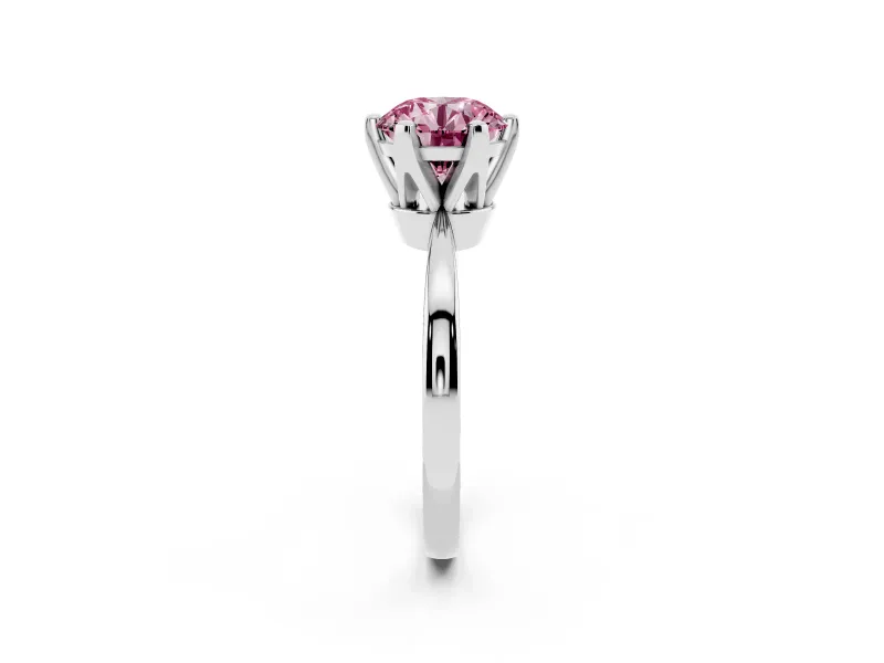 Fancy Pink Round Cut Diamond Solitaire Engagement Ring Set in Platinum with Slim Tapered Solitaire Band