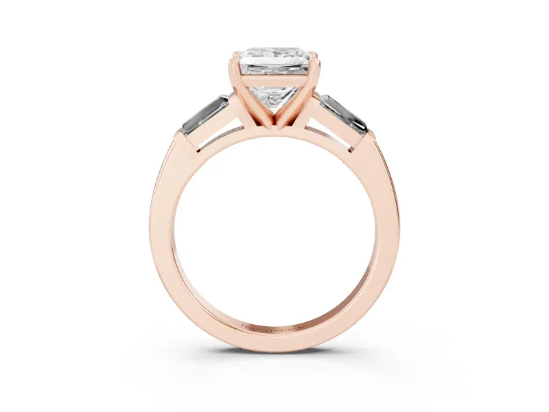 Princess Cut Diamond Solitaire Ring Set in Rose gold with Tapered Baguette Side Stones and Prong Setting