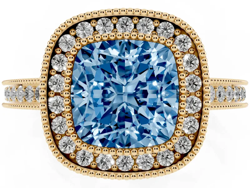 Cushion Cut Milgrain Halo Engagement Ring Setting for a Fancy Blue Lab-Grown Diamond | Yellow Gold